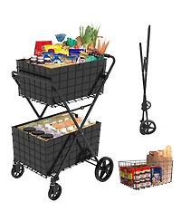 Rainsken 2 Layers Grocery Cart on Wheels, Extra Jumbo Foldable Shopping Cart with 2 Removable Baskets and Waterproof Liner for Camping