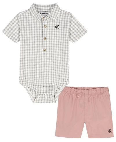 Calvin Klein Baby Boys' Plaid Polo Bodysuit and Twill Shorts, 2-Piece Set