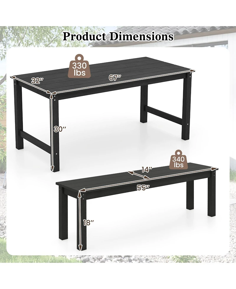 Gymax 3PCS Dining Table Set w/ 2 BenchesPatio Hdpe Weather Resistant Furniture