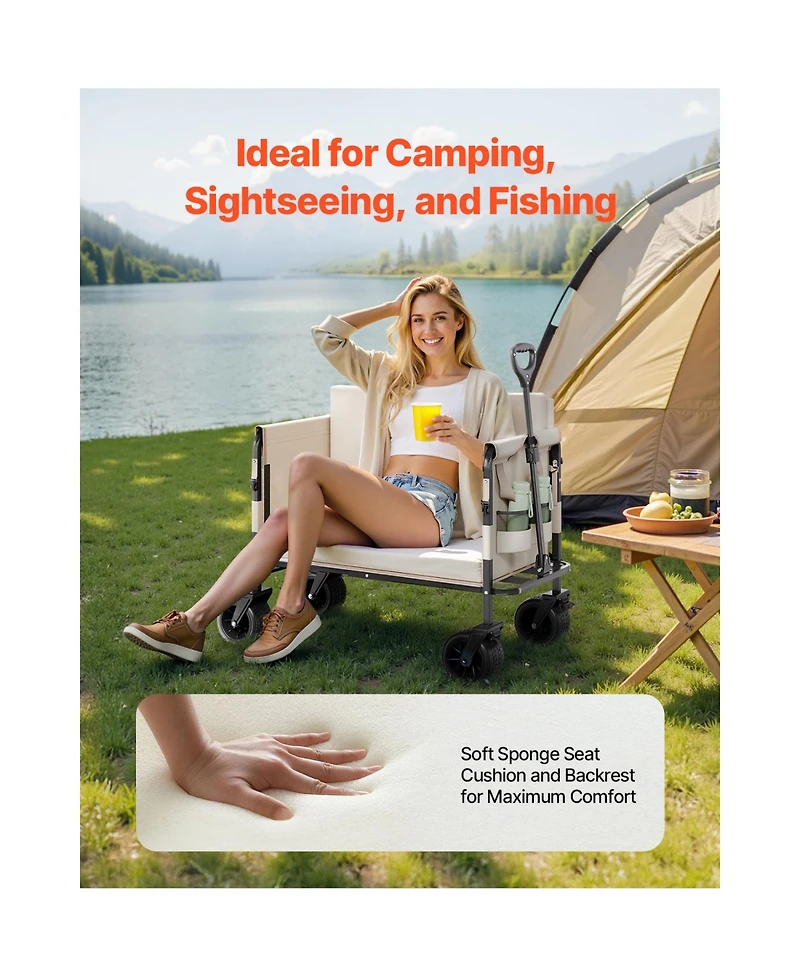 Rainsken Foldable Wagon Cart, Converts to Bench, 550lb Load & 220L Heavy Duty Beach Wagon with Wheels for Groceries, Camping and Shopping