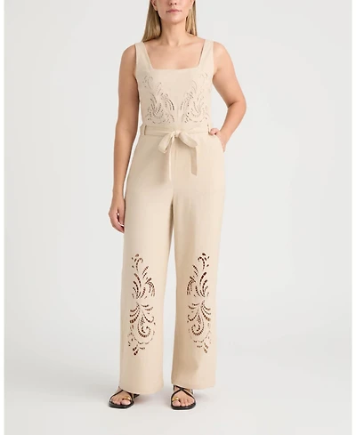 Ellen Tracy Women's Linen Jumpsuit with Embroidery Detailing