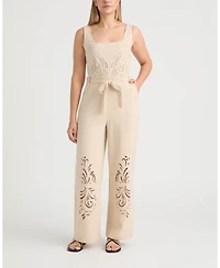 Ellen Tracy Women's Linen Jumpsuit with Embroidery Detailing
