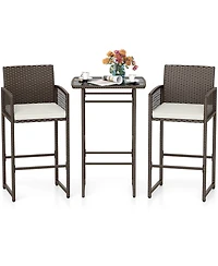 Gymax Set Of 3 Patio Bar Set Wicker Table & Armchairs w/ 2 Cushions & Glass Tabletop