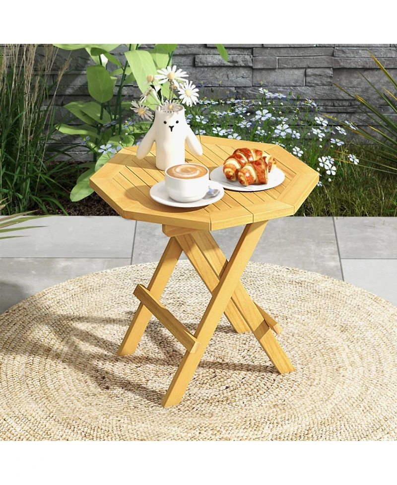 Clihome 20" Folding Teak Wood Octagon Coffee Table with X-Legs & Slatted Top