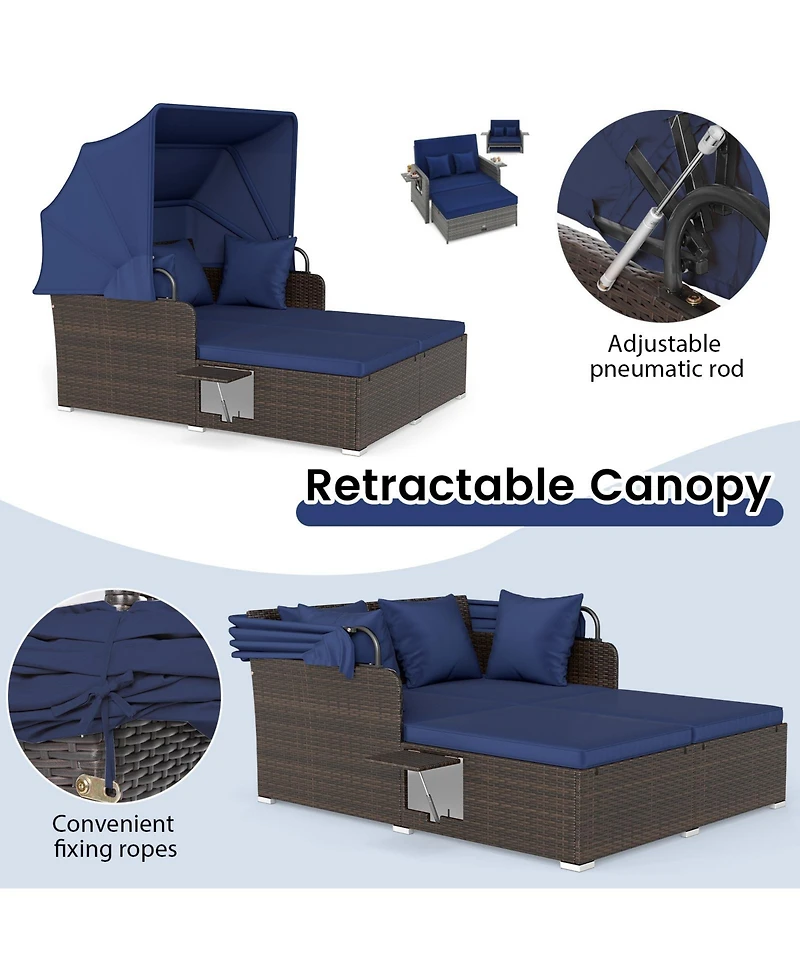 Gymax Patio Rattan Daybed Lounge Retractable Top Canopy Side Tables Cushions for Outdoor