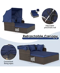 Gymax Patio Rattan Daybed Lounge Retractable Top Canopy Side Tables Cushions for Outdoor