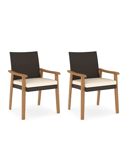 Gymax Patio Dining Chair 2 Pcs w/Cushion Wood Armrests Metal Frame for Garden