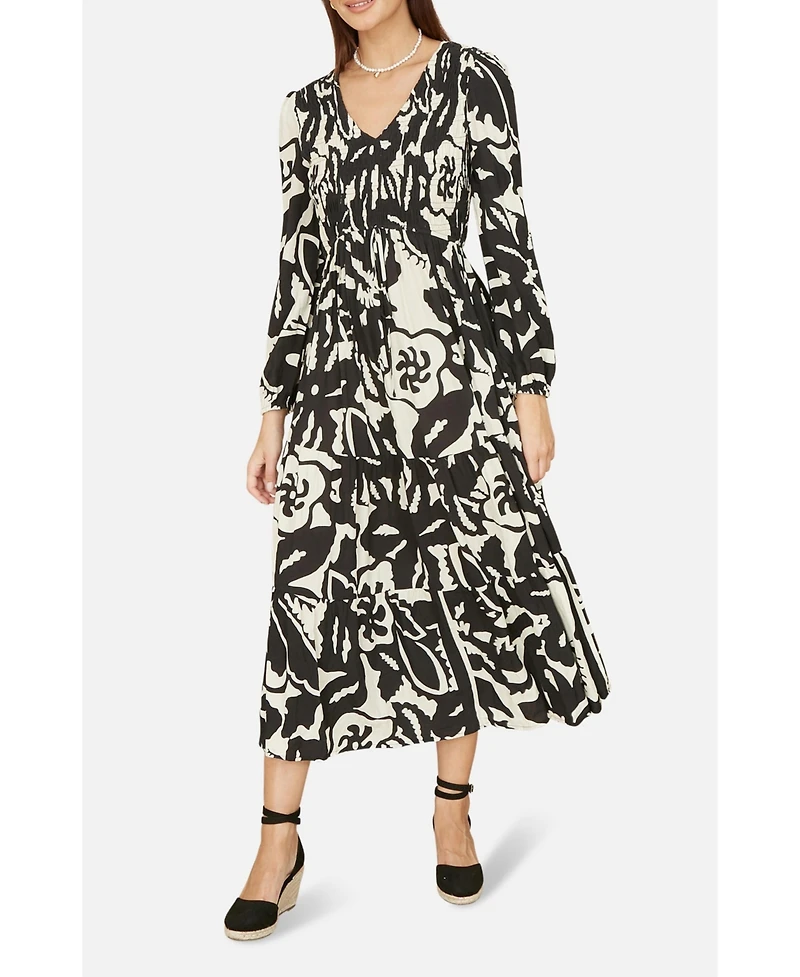 Yumi Women's Abstract Print Ruched V-Neck Midi Dress