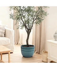 LuxenHome Boho Coastal Ceramic Planter, 11.2" Tall Pot with Ribbed Texture & Weathered Finish