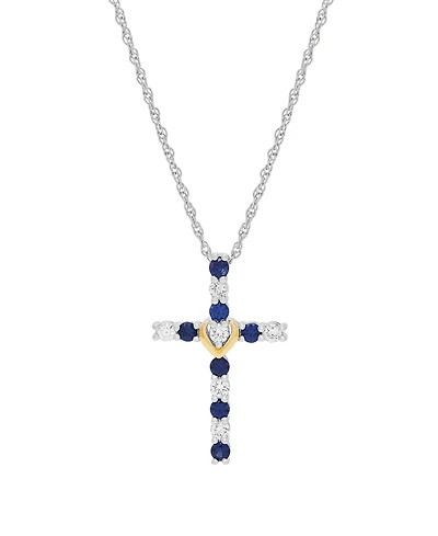 Macy's Created Sapphire (3/8 ct. t.w.) & Created White Sapphire (1/3 ct. t.w.) Cross Pendant Necklace in 14k Yellow Gold-Plated Sterling Silver