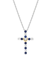Macy's Created Sapphire (3/8 ct. t.w.) & Created White Sapphire (1/3 ct. t.w.) Cross Pendant Necklace in 14k Yellow Gold-Plated Sterling Silver