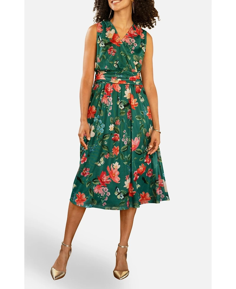 Yumi Women's Floral Print Mesh Stretch Midi Dress