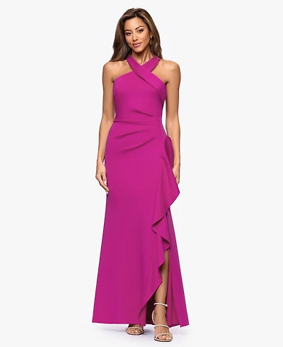 Xscape Women's Crisscross Halter Side-Ruffled Gown