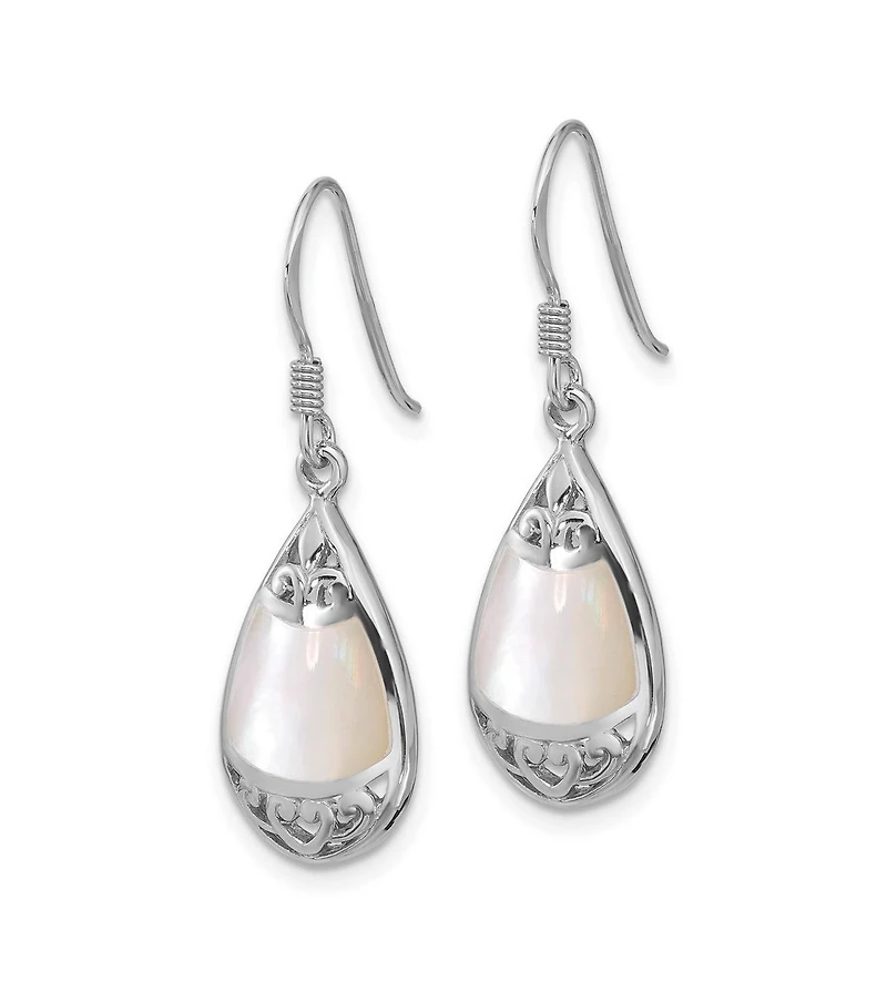 Curata Jewelry 925 Sterling Silver Rhodium Plated Teardrop Mother of Pearl Filigree Boho Hook Earrings 33x11mm 33.3x10.45mm Wide Stud Earring