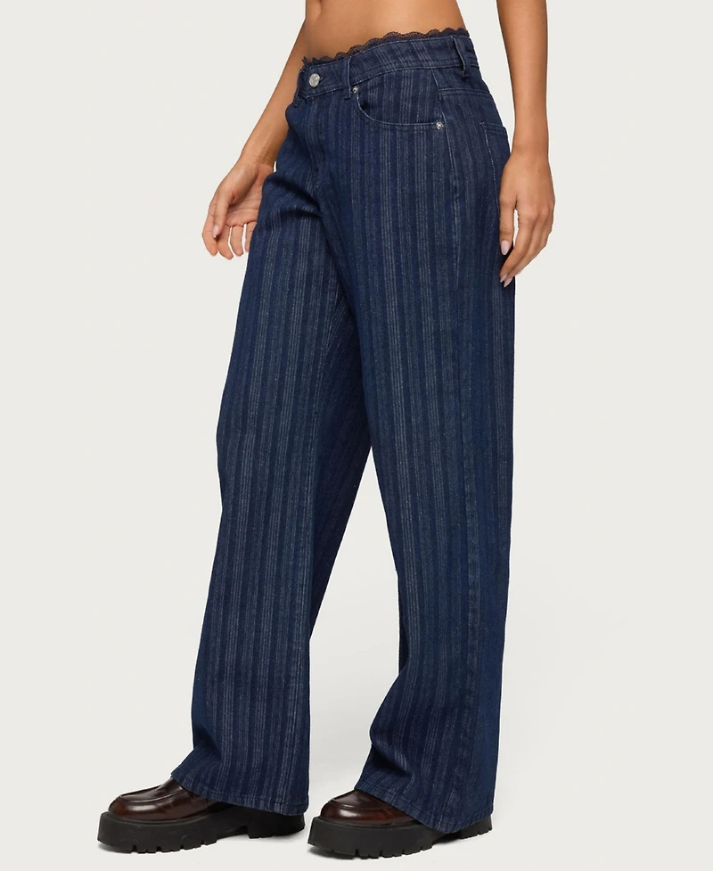 Edikted Womens Lace Trim Striped Low Rise Jeans