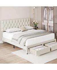 gaomon Full Bed Frame, Upholstered Platform Frame with Storage Drawers, Mattress Foundation Solid Wooden Slats Support