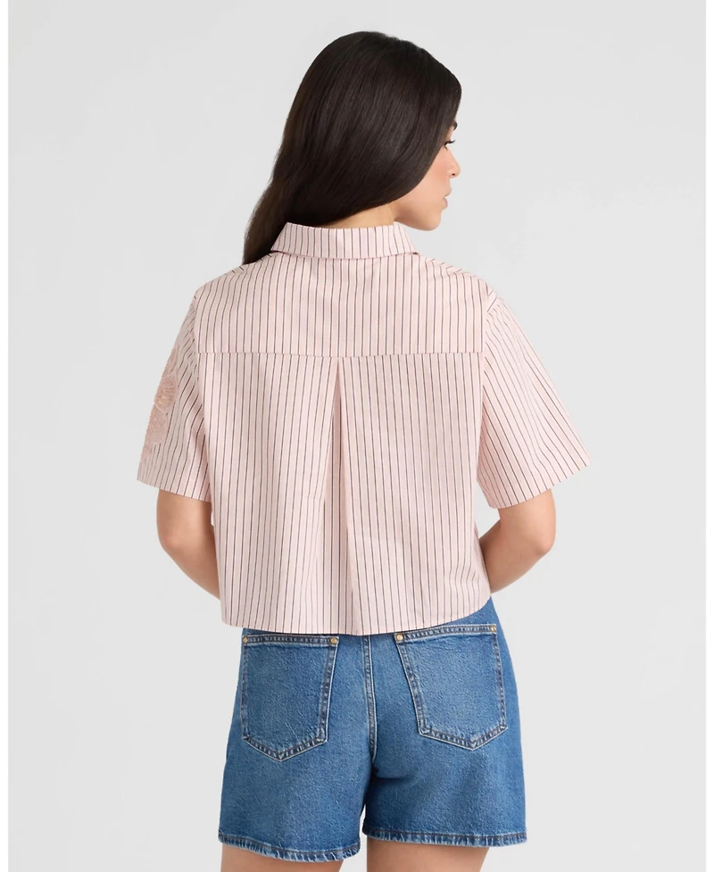 Nvlt Women's Short Sleeve Camp Shirt w Floral Applique
