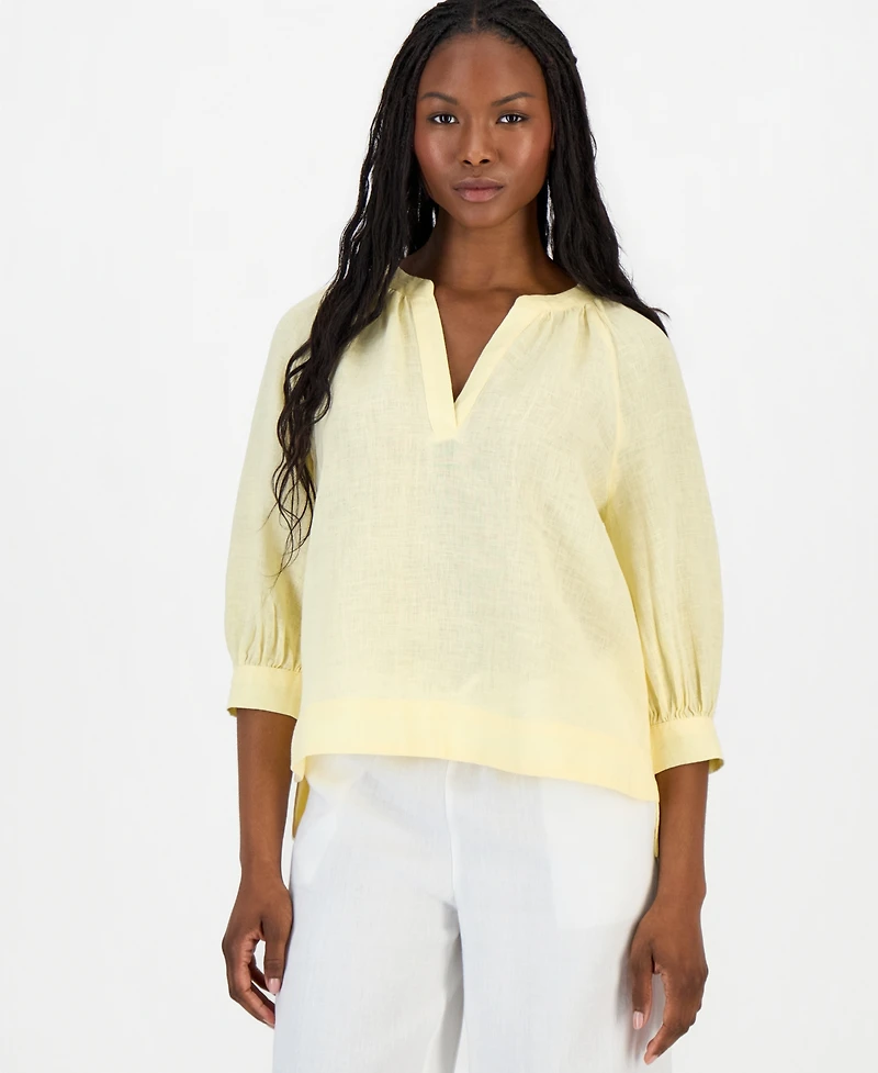 Charter Club Petite 100% Linen Split-Neck 3/4-Sleeve Blouse, Macy's Exclusive