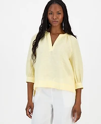 Charter Club Petite 100% Linen Split-Neck 3/4-Sleeve Blouse, Macy's Exclusive