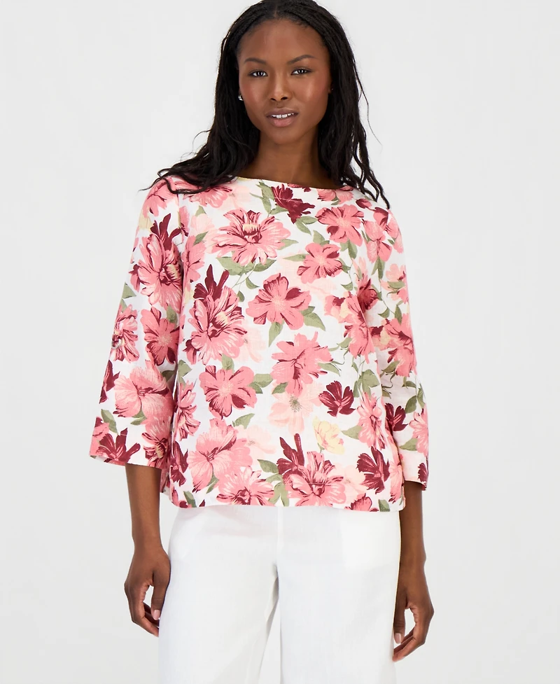Charter Club Petite 100% Linen Cuffed Top, Created for Macy's