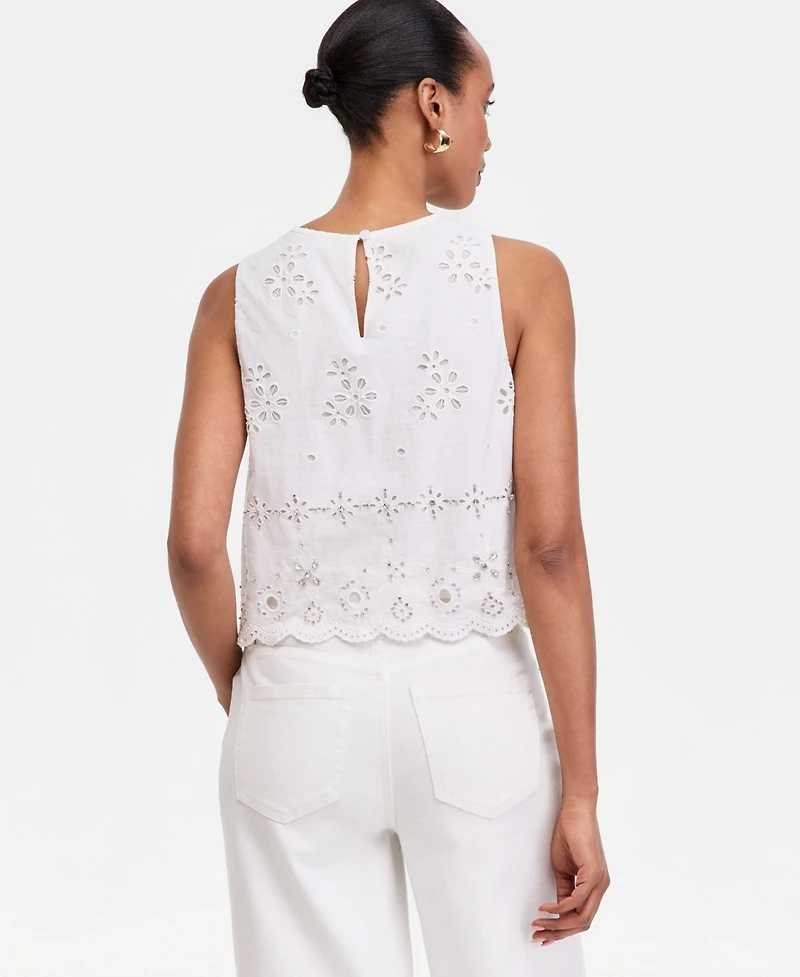 I.n.c. International Concepts Women's Crystal Embellished Eyelet Sleeveless Top, Macy's Exclusive