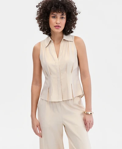 I.n.c. International Concepts Women's Metallic Linen-Blend Sleeveless Collared Shirt, Macy's Exclusive