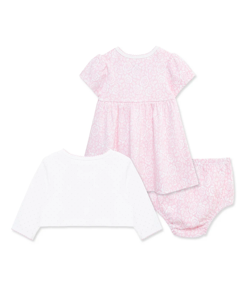 Little Me Baby Girls' Rose Printed Dress, Cardigan and Diaper Cover, 3-Piece Set