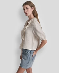 Dkny Jeans Petite Puff Short-Sleeve Tie Front V-Neck Shirt