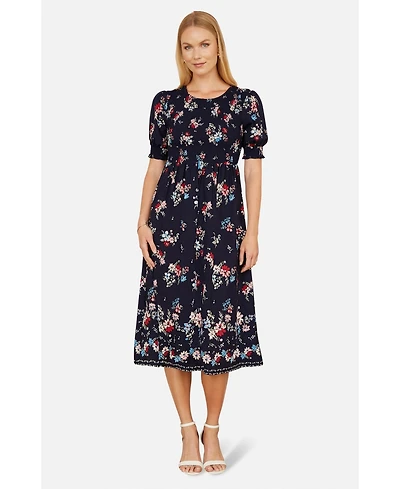 Yumi Women's Smocked Bodice Floral Ruched Midi Dress