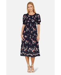 Yumi Women's Smocked Bodice Floral Ruched Midi Dress