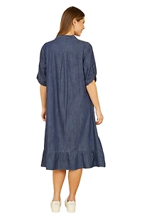 Yumi Women's Denim Dip Hem Relaxed Fit Shirt Dress