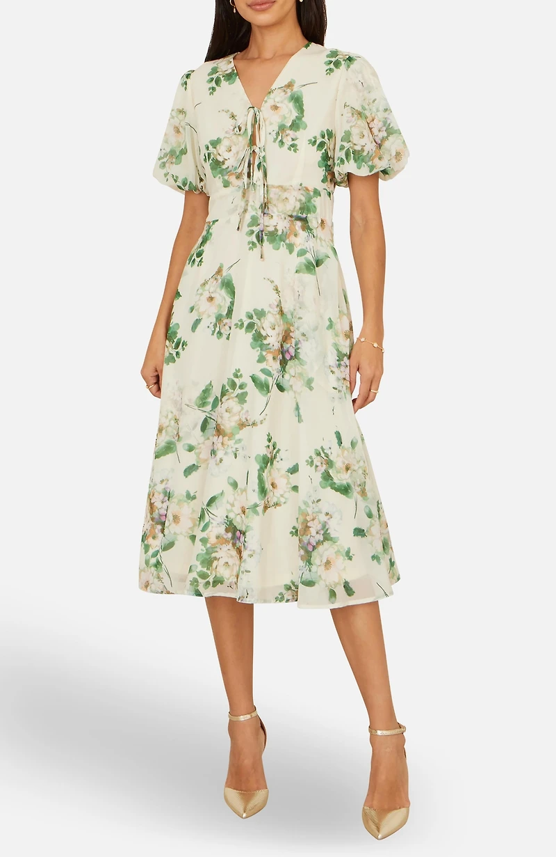 Yumi Women's Floral Front Tie Detail Tea Dress