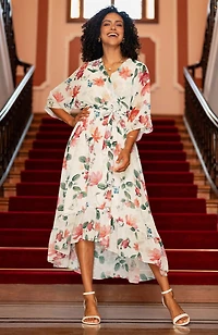 Yumi Women's Floral Dip Hem Kimono Wrap Dress