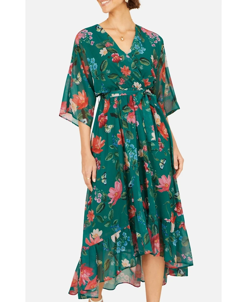Yumi Women's Floral Dip Hem Kimono Wrap Dress