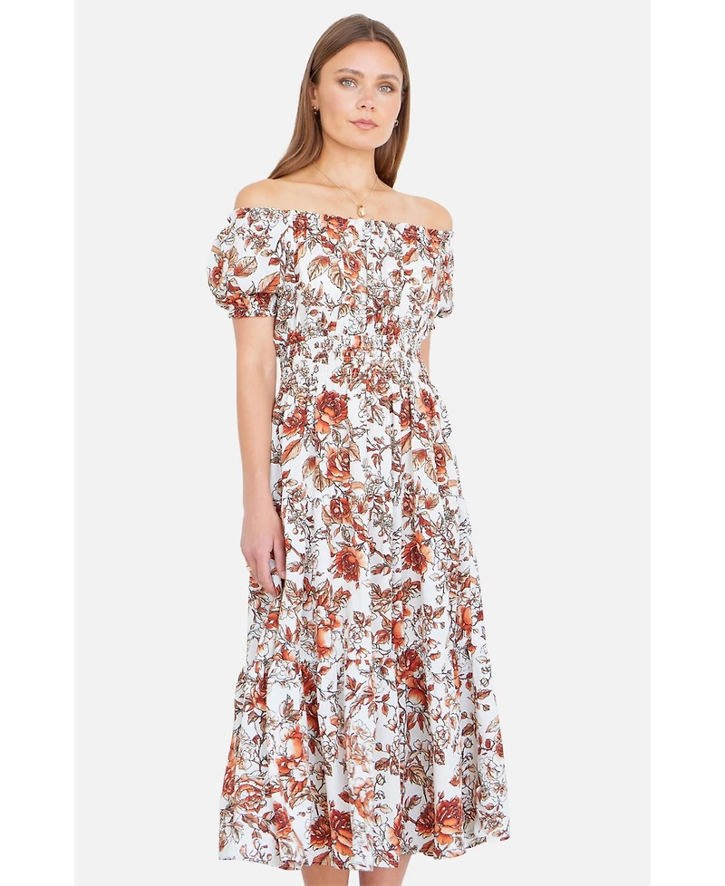 Yumi Women's Floral Ruched Waist Midi Dress