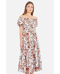 Yumi Women's Floral Ruched Waist Midi Dress