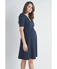 Hello Miz Women's Maternity A-Line V Neck Empire Waist Puff Sleeve Dress