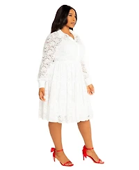 Buxom Couture Women's Plus Lace Long Sleeve Tiered Shirt Dress