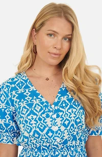 Yumi Women's Geometric Print Puff Sleeve Midi Dress