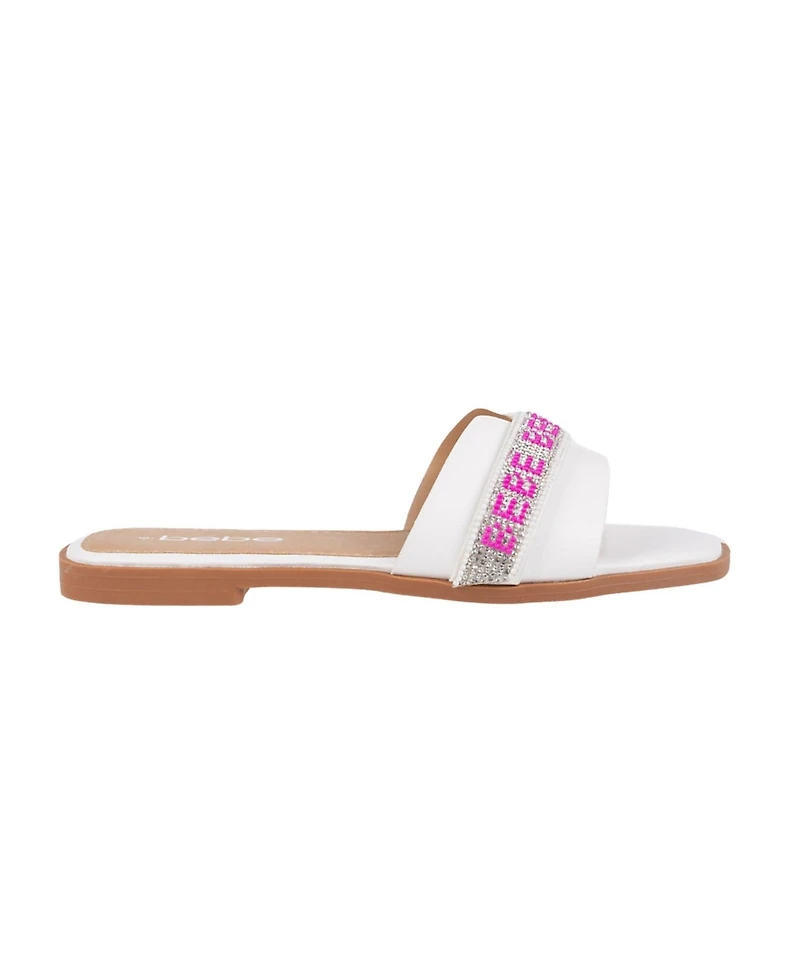 bebe Women's Fashion Sandal with Rhinestone and Pearl Embellished Strap