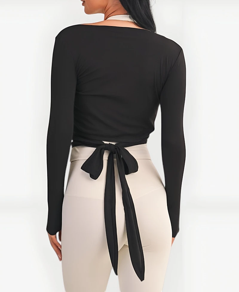 Modenaire Women's Wrap Front Long Sleeve Tie-Waist Crop Top