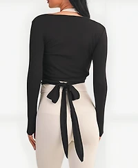 Modenaire Women's Wrap Front Long Sleeve Tie-Waist Crop Top