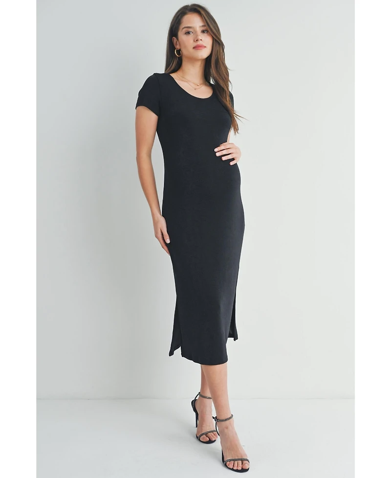 Hello Miz Maternity Scoop Neck Short Sleeve Midi Dress with Side Slit