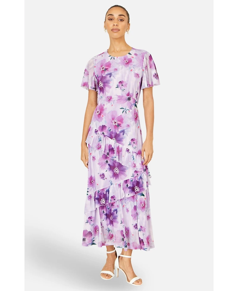 Yumi Women's Floral Print Frill Midi Dress