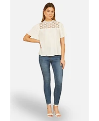Yumi Women's Lace Panel Pleated Short Sleeve Top