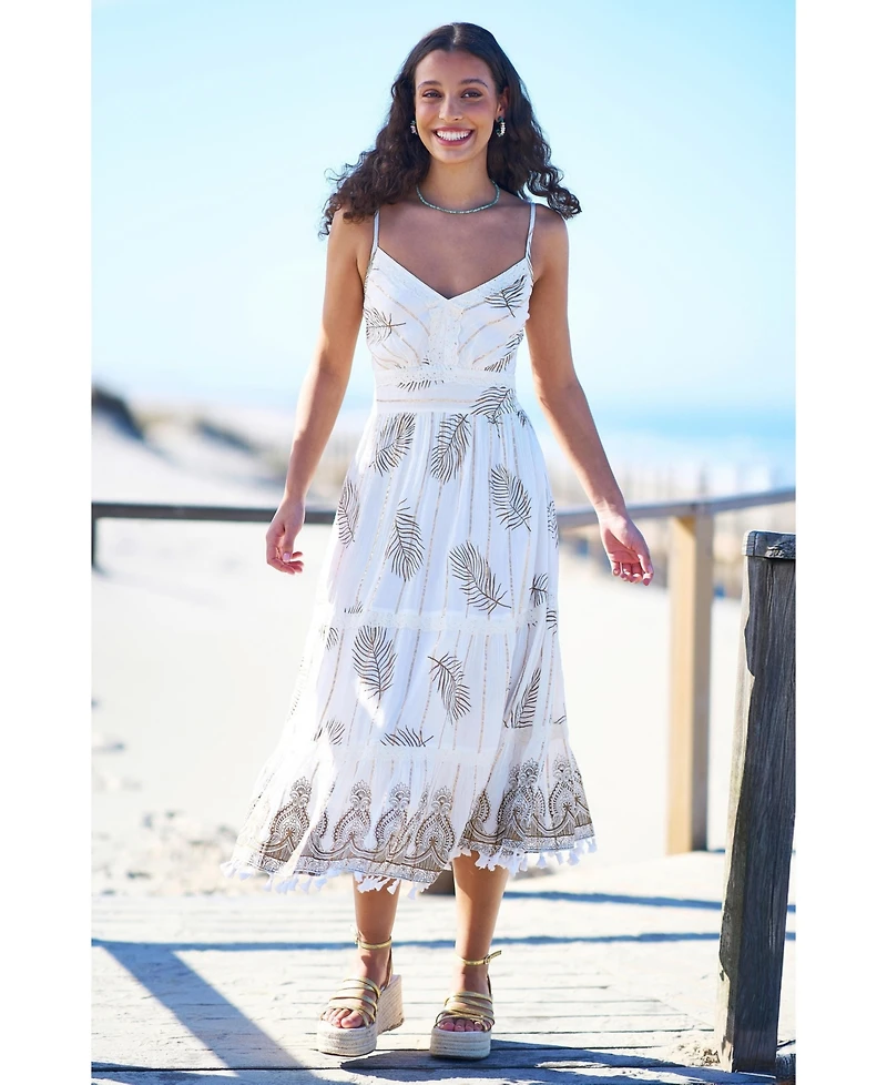 Yumi Women's Foil Print Lace Trim Midi Sun Dress