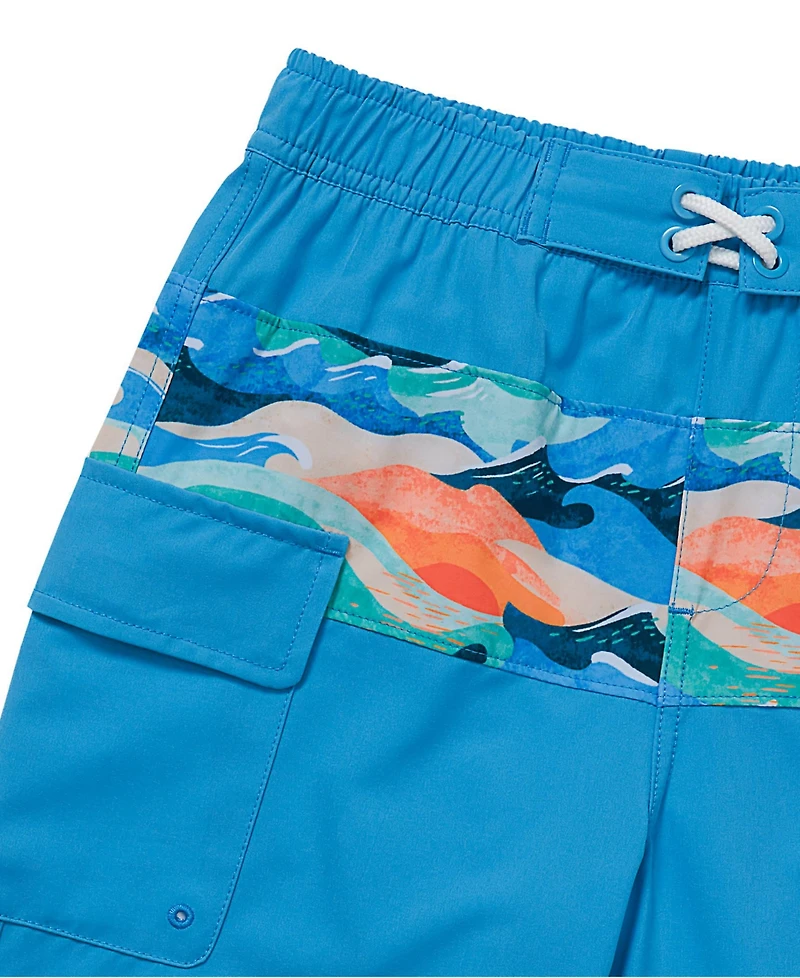 Lands' End Boys Chlorine Resistant Stretch Print Blocked Hydroliner Board Swim Trunks