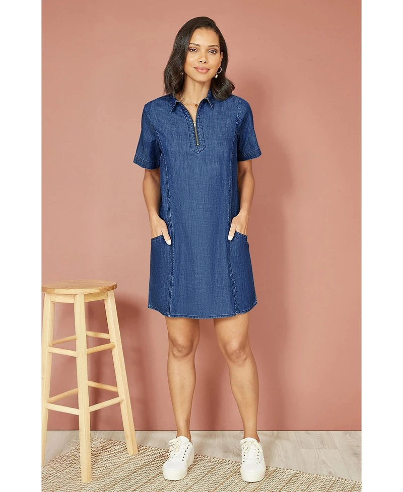 Yumi Women's Cotton Chambray Zip Neckline Dress