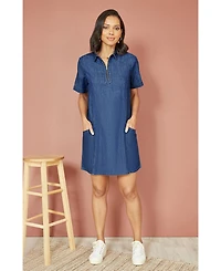 Yumi Women's Cotton Chambray Zip Neckline Dress