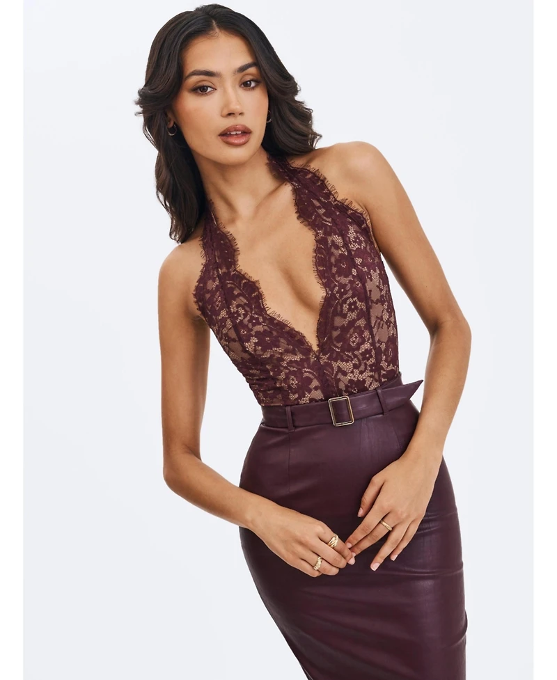 Miss Circle Women's Fiera Mahogany Plunging Halter Belted Midi Dress